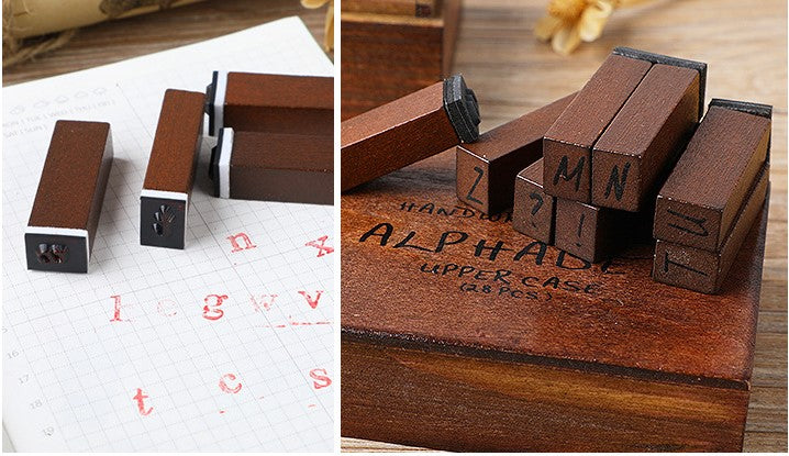 28 pcs vintage Wooden lower and upper case alphabet stamp set for journaling mail craft