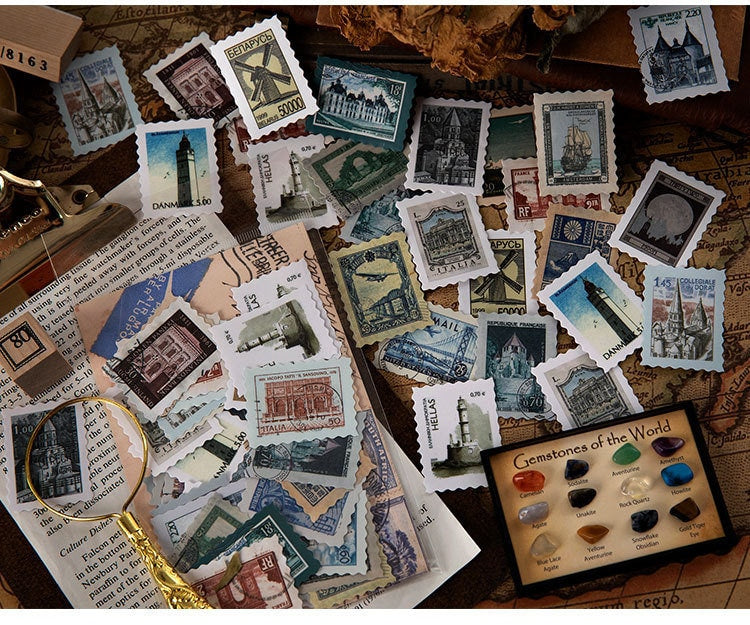 Vintage stamp sticker pack, 46 pcs