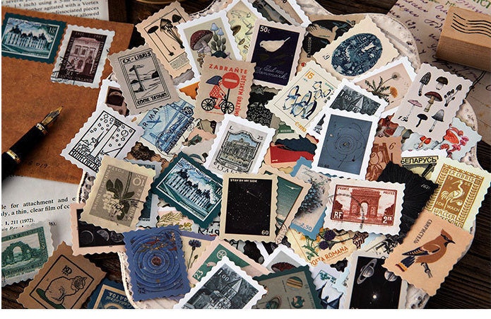 Vintage stamp sticker pack, 46 pcs