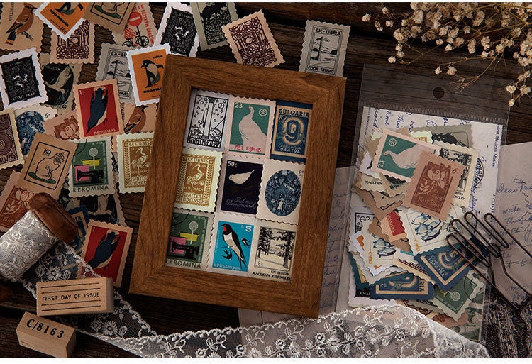 Vintage stamp sticker pack, 46 pcs